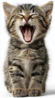 Yawning kitten with striking fur pattern and playful expression. photo