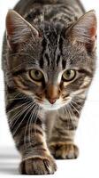 Playful tabby cat walking towards the camera. photo