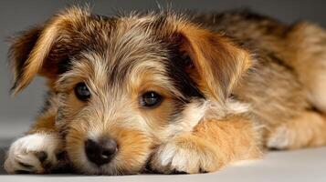 Adorable puppy resting with a curious expression. photo