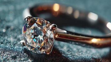 Close-up of a sparkling diamond engagement ring on a textured surface. High end jewelry and diamond. photo