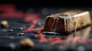 Shiny gold bar with droplets on a stock market graph background. Gold prices plunge. photo