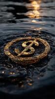 A dollar sign submerged in water with ripples and reflections. Gold prices plunge. photo
