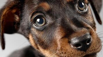 Close-up of a puppy's face with expressive eyes and soft fur. photo