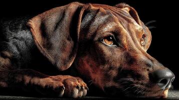 A close-up of a resting dog with a thoughtful expression. photo