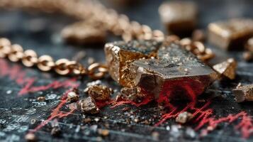 Shiny mineral chunks on a textured background with a chain. Gold prices plunge. photo
