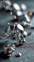 Shimmering diamonds scattered on a textured surface. High end jewelry and diamond. photo