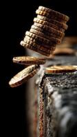 Falling coins above a textured surface with dramatic lighting. Gold prices plunge. photo