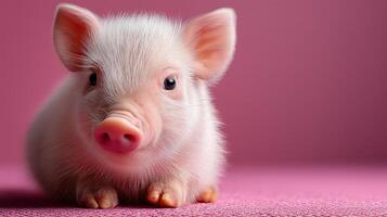 Cute piglet with pink background, looking curiously at the camera. photo