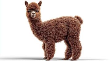 Fluffy alpaca standing on a white background. photo