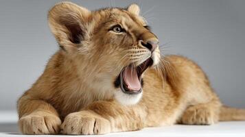 Young lion cub yawning with a fierce expression. photo