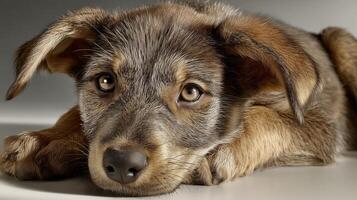 A cute puppy resting with a thoughtful expression. photo