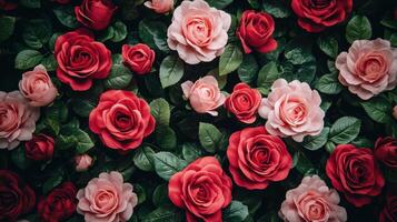 Vibrant roses displaying soft pink and red petals, creating romantic floral composition with elegant decorative potential photo