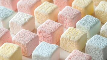 Colorful pastel marshmallows neatly positioned in geometric grid pattern, displaying sugary confectionery arrangement photo