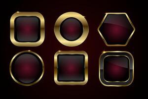 Collection of luxury and premium buttons features a red , square shape with rounded edges, framed by a glossy, gold metallic finish. and group of six red glossy buttons vector