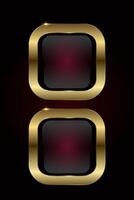 Set of two luxury button features a bold, square shape with rounded edges, framed by a glossy, gold metallic finish. and red glossy button with gold ring frame vector