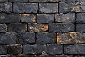 Close-up view highlighting a black brick wall, featuring a dark, textured backdrop with grunge patterns and rustic charm photo