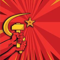 sickle and hammer in hands red background vector