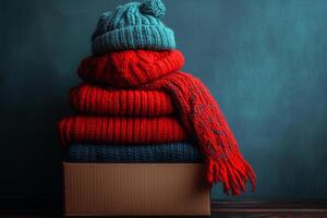 Warm knitted winter clothes and hats are folded in a cardboard box, photo