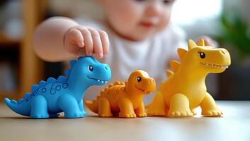 lying face-down on surface, smiling while grasping colorful dinosaur figurines during playful developmental moment photo