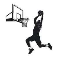 Silhouette of a basketball player performing a powerful dunk towards the hoop vector