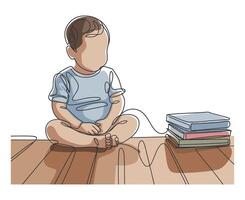 Single Line Drawing of a Toddler Sitting on Wooden Floor Near a Stack of Books vector