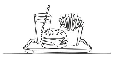 Continuous Line Drawing of a Delicious Hamburger Meal with French Fries and Soda vector