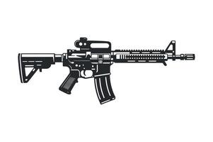 Black and White Illustration of an AR 15 Style Assault Rifle with Red Dot Sight vector