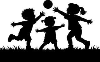 Silhouette of Three Children Playing with a Ball in a Grassy Field vector