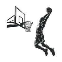 Powerful Silhouette of a Basketball Player Executing a Dynamic Dunk Shot Towards the Hoop vector