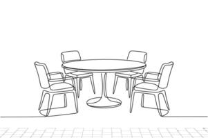 Continuous Line Drawing of Modern Round Table and Four Chairs on Tiled Floor vector