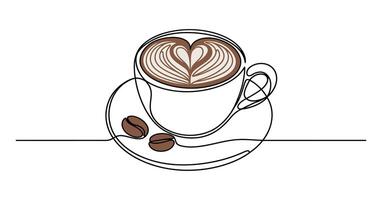 Single Line Drawing of a Coffee Cup with Latte Art Heart and Coffee Beans vector
