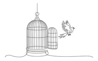 Single Line Drawing of Bird Flying from Open Cage Freedom Concept Illustration vector