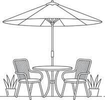 Simple Line Drawing of a Patio Table Set with Two Chairs Under a Parasol vector
