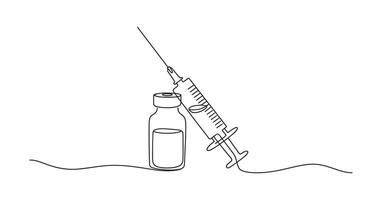 Continuous Line Drawing of Syringe and Vaccine Vial on white backgrounds vector