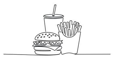 Continuous Line Drawing of a Hamburger French Fries and Soda vector