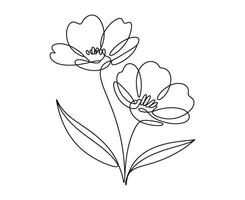 Elegant Minimalist Line Art Drawing of Two Simple Flowers with Leaves vector
