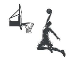 Silhouette of a Basketball Player Executing a Powerful Dunk Shot Towards the Hoop vector