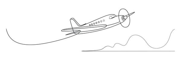 Single Line Drawing of a Propeller Airplane in Flight Over Rolling Hills vector