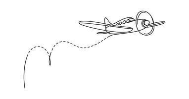 Single Line Drawing of a Propeller Airplane in Flight Leaving a Dotted Line Trail vector