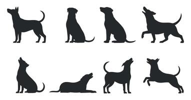 Collection of Eight Dog Silhouettes in Various Poses Standing Sitting Lying and Jumping vector