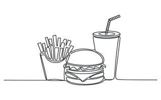 Continuous Line Drawing of Burger Fries and Soda vector
