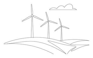Three Wind Turbines on Rolling Hills Under a Single Cloud Simple Line Drawing Illustration vector