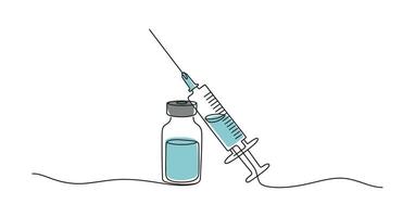 Continuous Line Drawing of Syringe and Vaccine Vial on white background vector