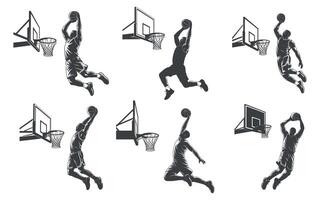 Six Silhouettes of Basketball Players Executing Dynamic Dunks Near the Hoop vector
