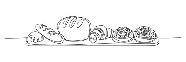 Single Line Drawing of Assorted Breads and Pastries on a Tray vector
