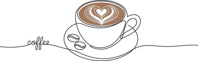 Single Line Drawing of a Coffee Cup with Heart Latte Art and Coffee Beans vector