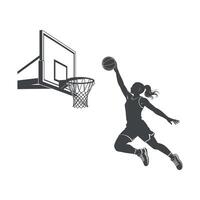 Silhouette of a Female Basketball Player Making a Dramatic Shot Towards the Hoop vector