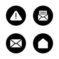 Simple black and white icons set. warning, inbox, email, home. Perfect for app design or website. vector