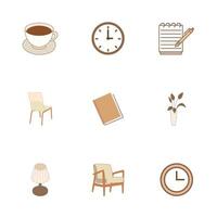 Collection of minimalist icons depicting everyday objects. coffee, clocks, notepad, chairs, book, plant, and lamp. vector