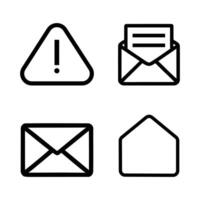 Set of four simple email icons. closed envelope, open envelope, warning sign, and minimalist envelope. vector